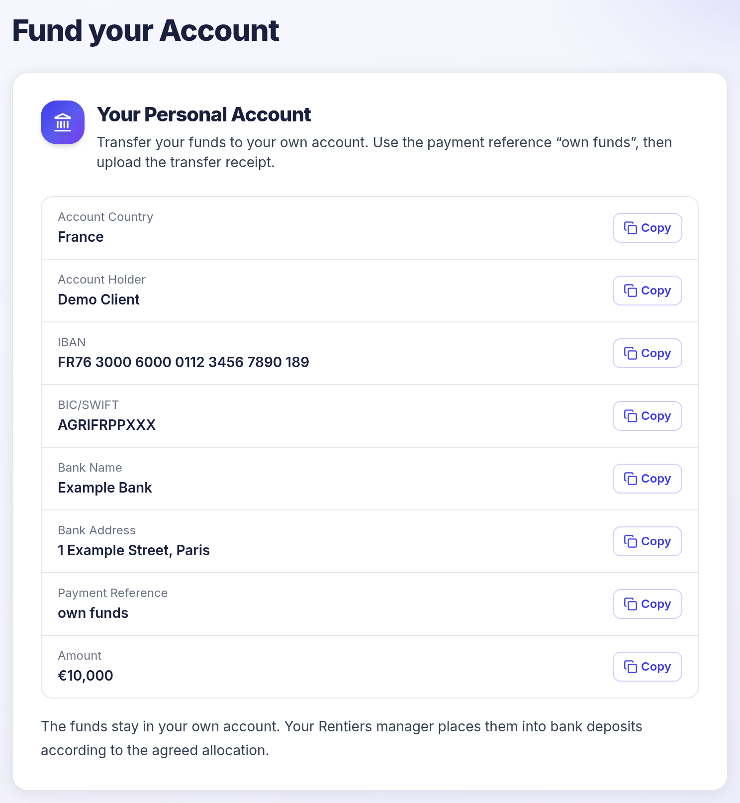 Rentiers — fund your account